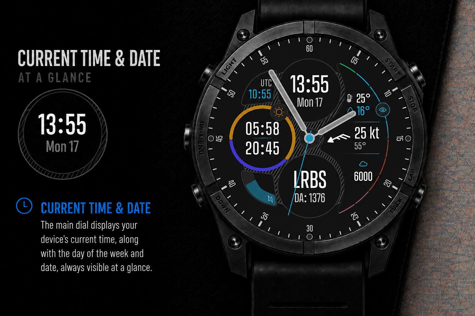 VFR Pilot feature card showing the current time and date on the main dial of a Garmin AMOLED watch